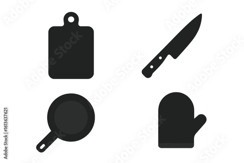 Cooking icon collection. Solid black silhouettes of essential kitchen tools. Vector set includes cutting board, chef knife, frying pan, and oven mitt. Food preparation symbols.