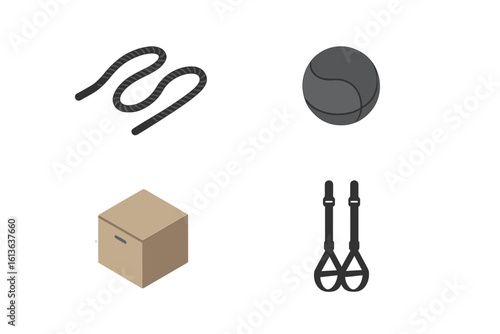 Functional training equipment vector icon set. Isometric illustration of gym gear for crossfit and fitness. Battle rope, medicine ball, plyo box, suspension straps.