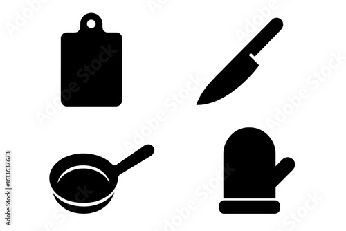 Kitchen tools icon set. Solid glyph cooking symbols collection. Vector graphic elements for culinary design. Includes cutting board, chef knife, pan, and oven mitt icon.