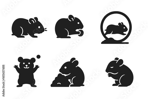 Hamster icon set. Cute pet rodent behavior solid glyph collection. Vector silhouette of hamster running in wheel, eating, playing, grooming. Animal character symbol.