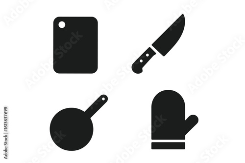 Kitchen tools icon set. Solid glyph vector icons of cutting board, chef knife, frying pan, and oven mitt. Cooking, food preparation, and culinary symbols for web and print.