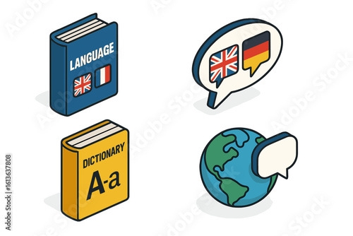 Language learning icon set. Isometric illustration of textbook, dictionary, translation and communication. Global education concept with flags. Vector icons for polyglot.
