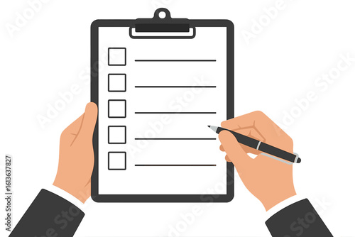 Businessman hands holding a clipboard with a blank checklist and pen. Concept of business planning, to-do list, survey, filling form, or signing a contract. Vector illustration.