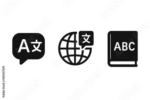 Language learning solid icon set. Translation app pictogram. Foreign language course symbol. Globe, speech bubble, dictionary book. Communication and education concept vector.