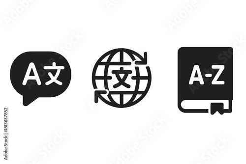 Language learning icons set, solid filled vector symbols of language apps, speech bubbles, translation globe, vocabulary book, education tools, communication, learning concepts, transparent background