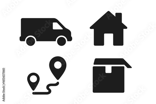 Last mile logistics icon set. Solid glyphs for delivery service concepts. Includes van, home address, package tracking route, and drop-off box. Supply chain vector.
