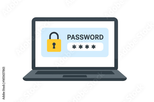 Laptop with password login screen and lock icon. Cybersecurity and data protection concept for secure access and user authentication. Vector illustration for privacy.