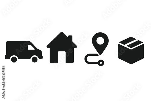 Last mile logistics icon set. Solid glyph for delivery service, shipping, and e-commerce. Includes van, home address, route pin, and package symbols. Vector illustration.