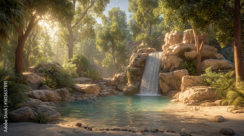 Serene Tropical Paradise with Waterfall, Lush Foliage, and Calm Pool
