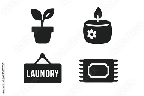Laundry room decor solid icons set. Vector glyph collection includes houseplant, scented candle, laundry sign, and small rug. Household chores and cleaning concept.