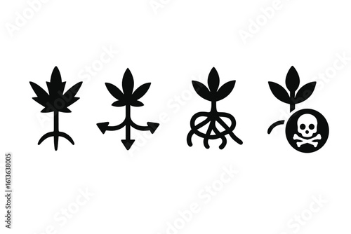 Harmful weed solid glyph icon set. Invasive plant characteristics vector illustration. Symbols for fast spread, tangled roots, spiky leaves, and toxic poison danger sign.