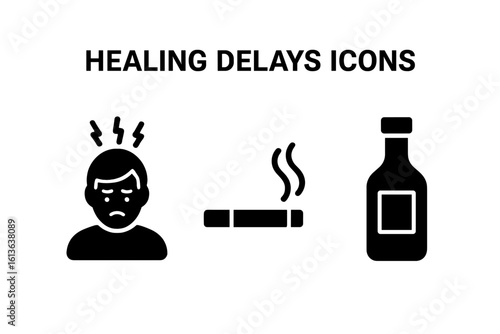 Healing delays icon set. Stress, smoking, and alcohol consumption as risk factors. Solid glyph icons for bad habits and unhealthy lifestyle. Vector addiction symbols.