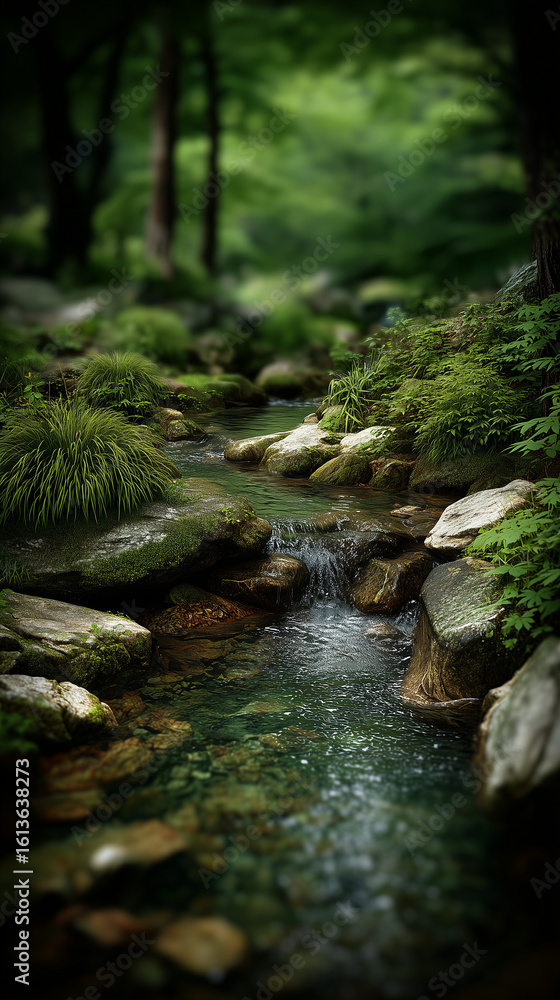 Fototapeta premium Tranquil Stream Flowing Through a Serene Forest Garden Setting 