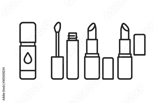Lip care products outline icon set. Vector illustration of lip gloss with applicator wand and lipstick tube. Cosmetics, beauty, and makeup symbols for web and mobile design.