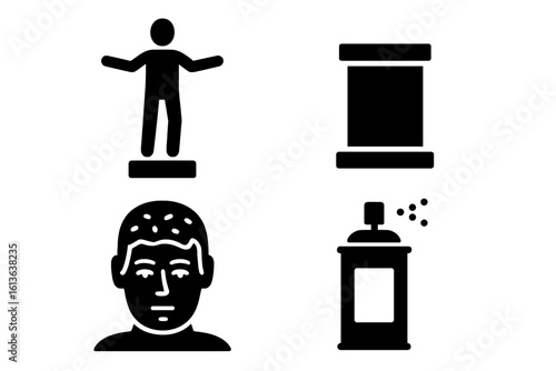 Living statue solid glyph icon set. Street performer & artist vector. Human sculpture, pedestal, spray paint for body art. Mime, still figure, public entertainment.