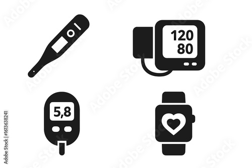 Health tech solid glyph icons. Medical device set for health monitoring. Digital thermometer, blood pressure monitor, glucose meter, smartwatch. Vector symbols for web and app.