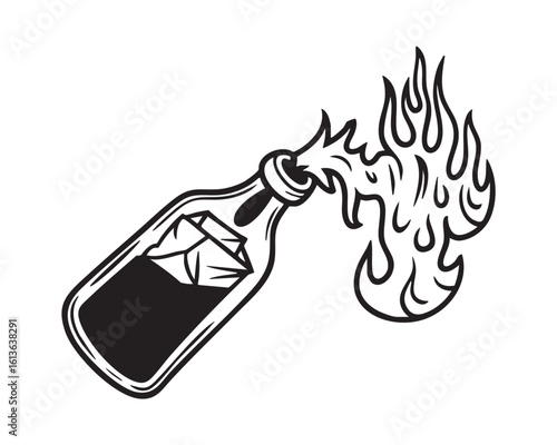 Black and white illustration of a Molotov cocktail with flames fire bottle