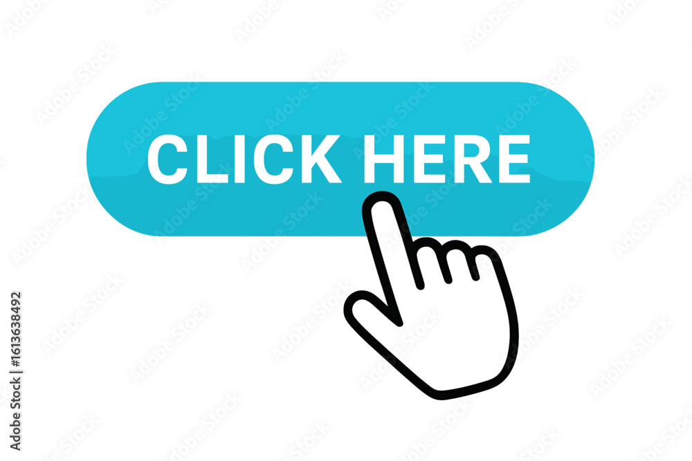 Click here web button with hand cursor. Call to action CTA concept vector. Modern UI UX graphic element for website design. User interface for buy, download, register. Click here web button with hand cursor. Call to action CTA concept vector. Modern UI UX graphic element for website design. User interface for buy, download, register.