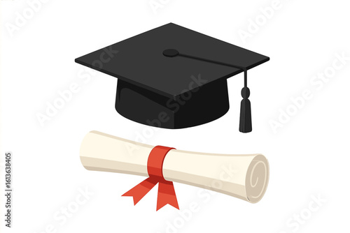 Black graduation cap with tassel and diploma scroll. Mortarboard hat for university, college, or high school graduate. Academic education, success, and achievement vector concept.