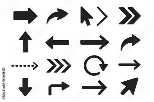 Black vector arrows collection. Big set of different arrow icons for web design and user interface. Modern simple cursors and pointers for navigation. Isolated flat style signs.