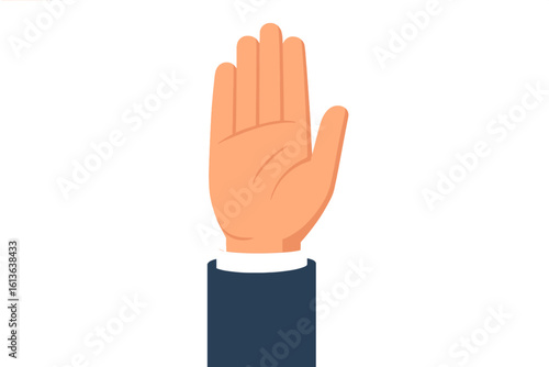 Stop hand gesture. Businessman palm sign. Warning, rejection, refusal symbol. Prohibition concept. No entry icon. Denial, hold, block, halt signal. Business protest vector.