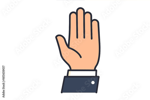 Businessman hand show stop sign isolated. Precaution icon. Flat Vector design of a hand prohibiting or stopping. Concept of warning, danger, rejection, refusal and denial.