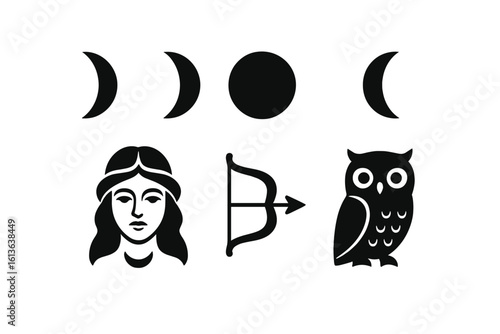 Lunar mythology symbols icon set. Greek goddess Artemis, Diana, Selene face. Moon phases, bow, owl. Vector illustration for pagan, wicca, astrology, spiritual design.