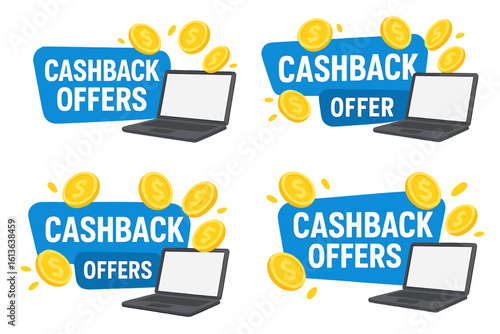 Cashback offers vector banners. Online shopping money back reward program. Financial bonus promotion concept. E-commerce sale labels with laptop and flying gold dollar coins.
