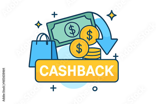 Cashback bonus program concept. Money refund service for saving on purchases. Financial loyalty reward for shopping. Cash back offer symbol. Vector illustration design.