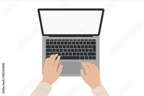 Top view of hands typing on laptop keyboard with blank screen for mockup. Concept of workspace, remote job, freelance, office work, business, technology, writing, coding.