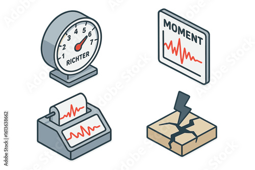 Earthquake measurement icons isometric set. Seismograph showing seismic activity and ground crack. Richter scale magnitude and moment scale gauge vector illustration.