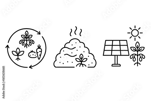 Sustainable farming icons. Crop rotation diagram, compost pile, solar panel line icon set. Organic agriculture, renewable energy, and ecology concepts. Vector symbols.