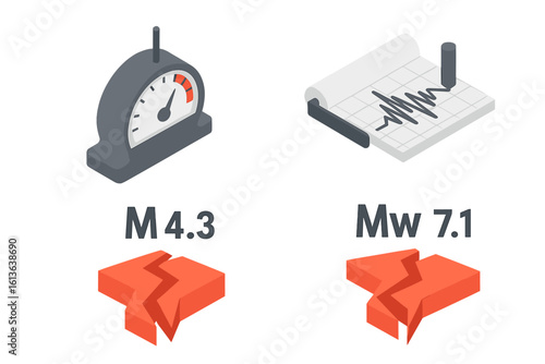 Earthquake measurement icon set. Isometric seismograph, richter scale gauge, and moment magnitude icons. Seismic wave seismogram, ground fault line. Geology vector illustration.