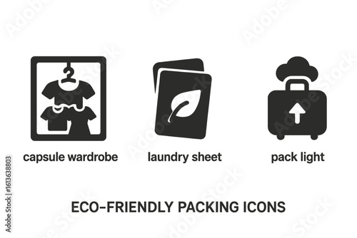 Eco friendly packing icon set for sustainable travel. Solid glyph icons for capsule wardrobe, laundry sheets and packing light. Vector symbols for minimalist journey tips.