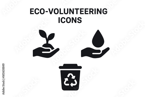 Eco-volunteering solid icon collection. Vector symbols for environmental protection, planting tree sapling, saving water drop, and recycling bin for waste management.