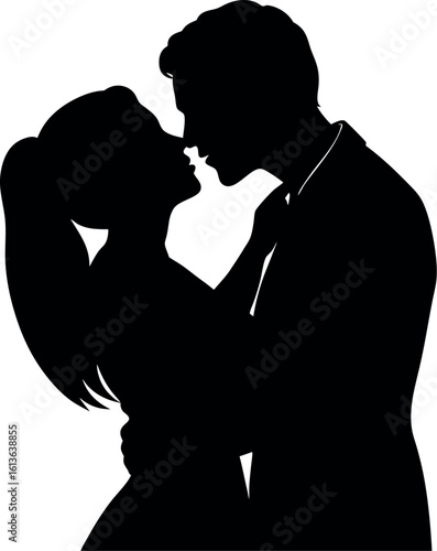 Vector art of a loving couple is captured in silhouette as they embrace, their affection and intimacy radiating in this romantic moment
