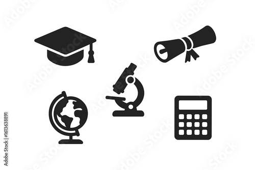 Education and science solid glyph icon set. Vector symbols of graduation cap, diploma, microscope, globe, and calculator for school, university, and academic concepts.