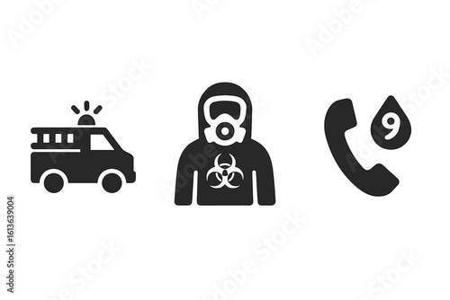 Emergency response icon set with hazmat suit, biohazard symbol, and fire truck. Vector pictograms for chemical disaster, first responders, and emergency call services.