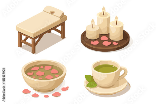 Spa and wellness isometric icon set. Massage table, aromatherapy candles, rose petal water bowl, and herbal tea for relaxation and beauty treatments. Vector collection.