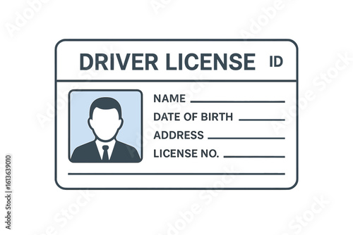 Driver license vector icon. ID card for personal identification and verification. Official document concept with photo, name, address. Driving permit template isolated.