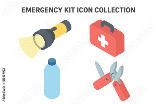 Emergency kit icon set for preparedness and survival. Isometric vector collection with flashlight, first aid box, water, and multi-tool. Safety and disaster relief concept.