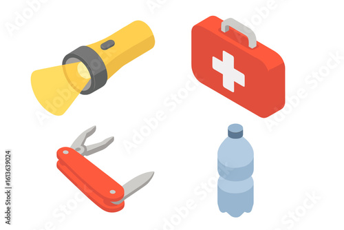Emergency kit icon collection. Isometric flat design vector set. Survival gear for disaster preparedness. Includes flashlight, first aid kit, multi-tool, and water bottle.