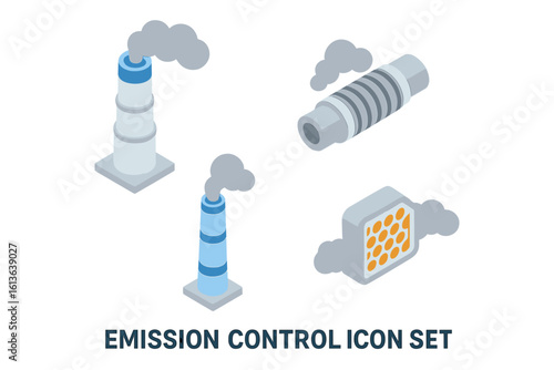 Emission control air pollution vector icon set. Isometric industrial factory chimney, flue gas scrubber, exhaust particulate filter for environmental industry concepts.