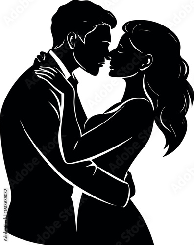 Vector art of a romantic silhouette captures a couple embracing, their love and affection shining through in this intimate moment