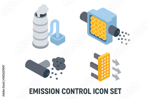 Emission control isometric icon set. Industrial pollution filter system, car catalytic converter, and factory flue gas scrubber for clean air. Vector ecology technology icons.