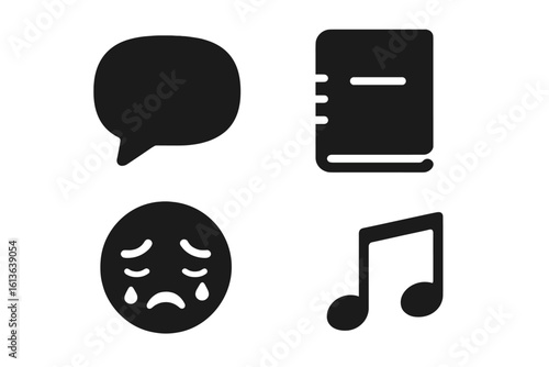 Emotion icon set. Psychological expression channels concept. Speech bubble, journal, crying face, music note. Mental health, therapy, coping with sadness vector illustration.