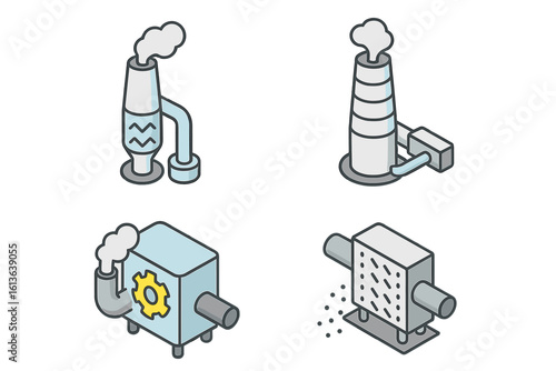Emission control isometric icon set. Industrial air pollution technology vector illustration. Flue gas scrubber, factory smokestack, and particulate filter icons for design.