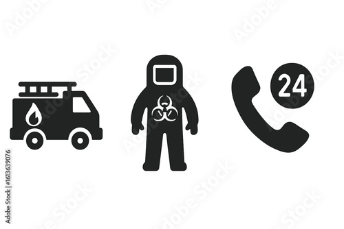 Emergency response vector icon set. Solid glyph icons of a hazmat team in a protective suit with a biohazard symbol, a fire truck for chemical spills, and 24-hour phone support.