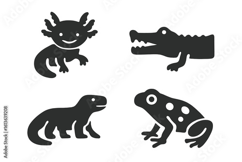 Endangered species vector icon set. Solid filled reptile and amphibian glyphs. Axolotl, gharial, Komodo dragon, poison frog. Wildlife conservation animal symbols.