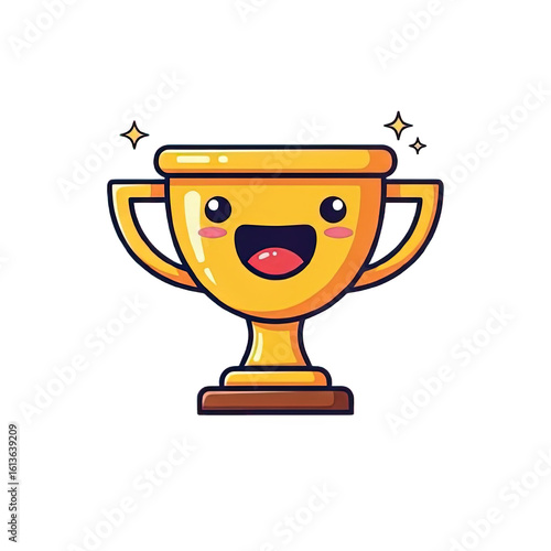 A cute golden trophy cup with a happy smiling face, sparkling with joy.